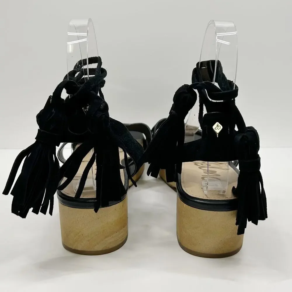 SAM EDELMAN Jenna Ankle Wrap Wooden‎ Clog Sandals Retro Lace Up Black Sz 7